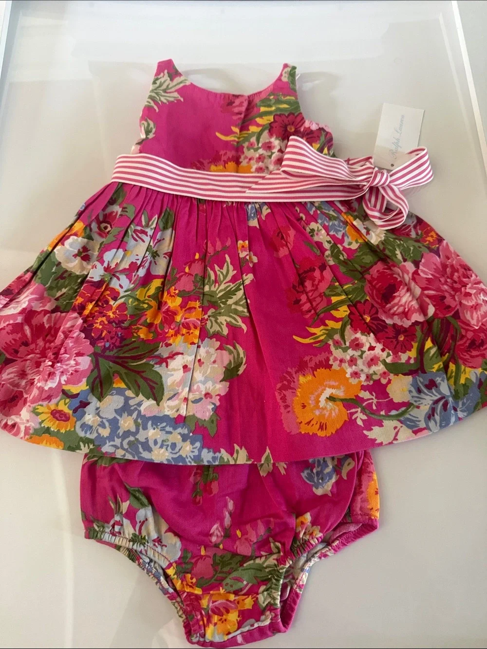 Ralph Lauren Hot Pink Floral Dress with Striped Bow and Bloomers